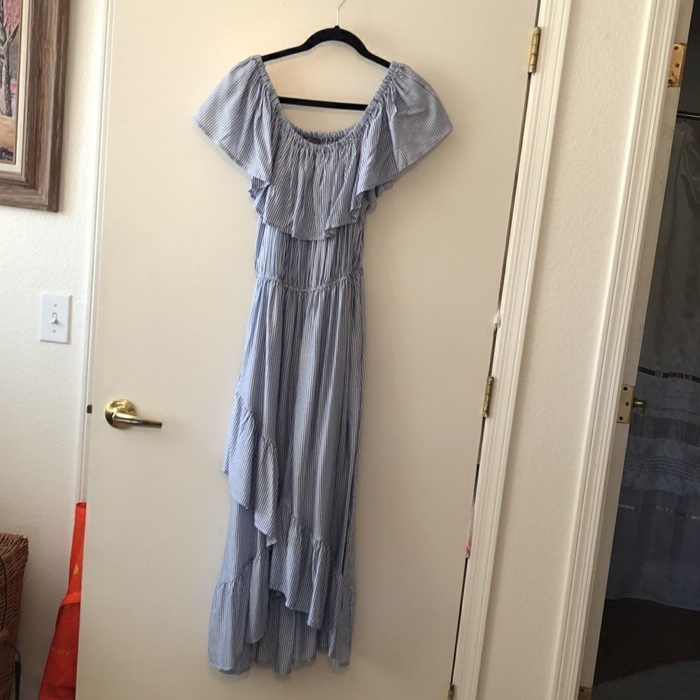 Sans Souci Stripe Off The Shoulder Maxi Dress Size M Blue/white Gently Used